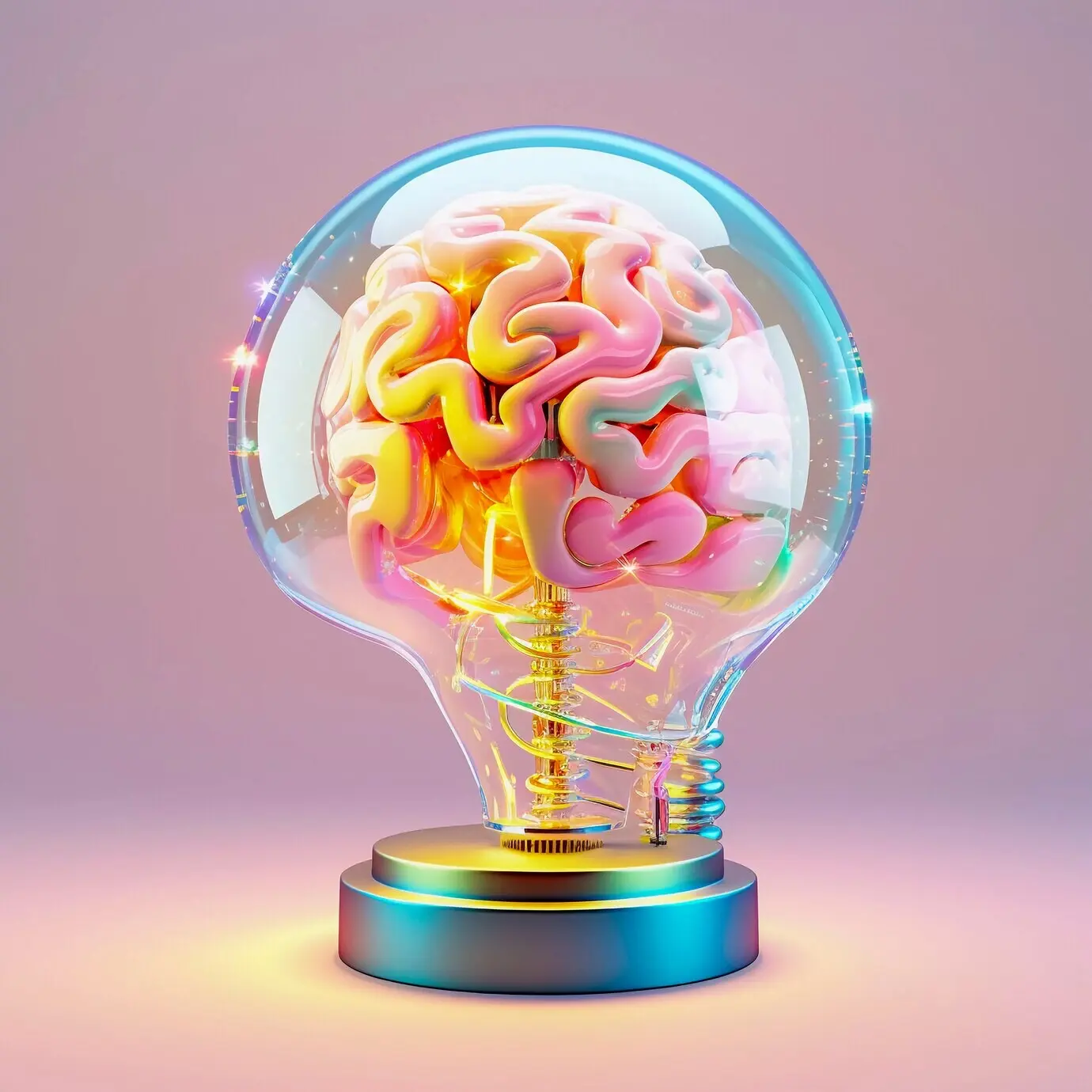 A depiction of the human brain within a transparent glass display.